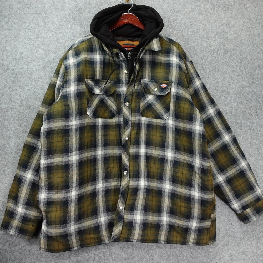 Dickies Flannel Hoodie Shirt Jacket Mens 3XL Green Plaid Quilted Lined Zip Snap